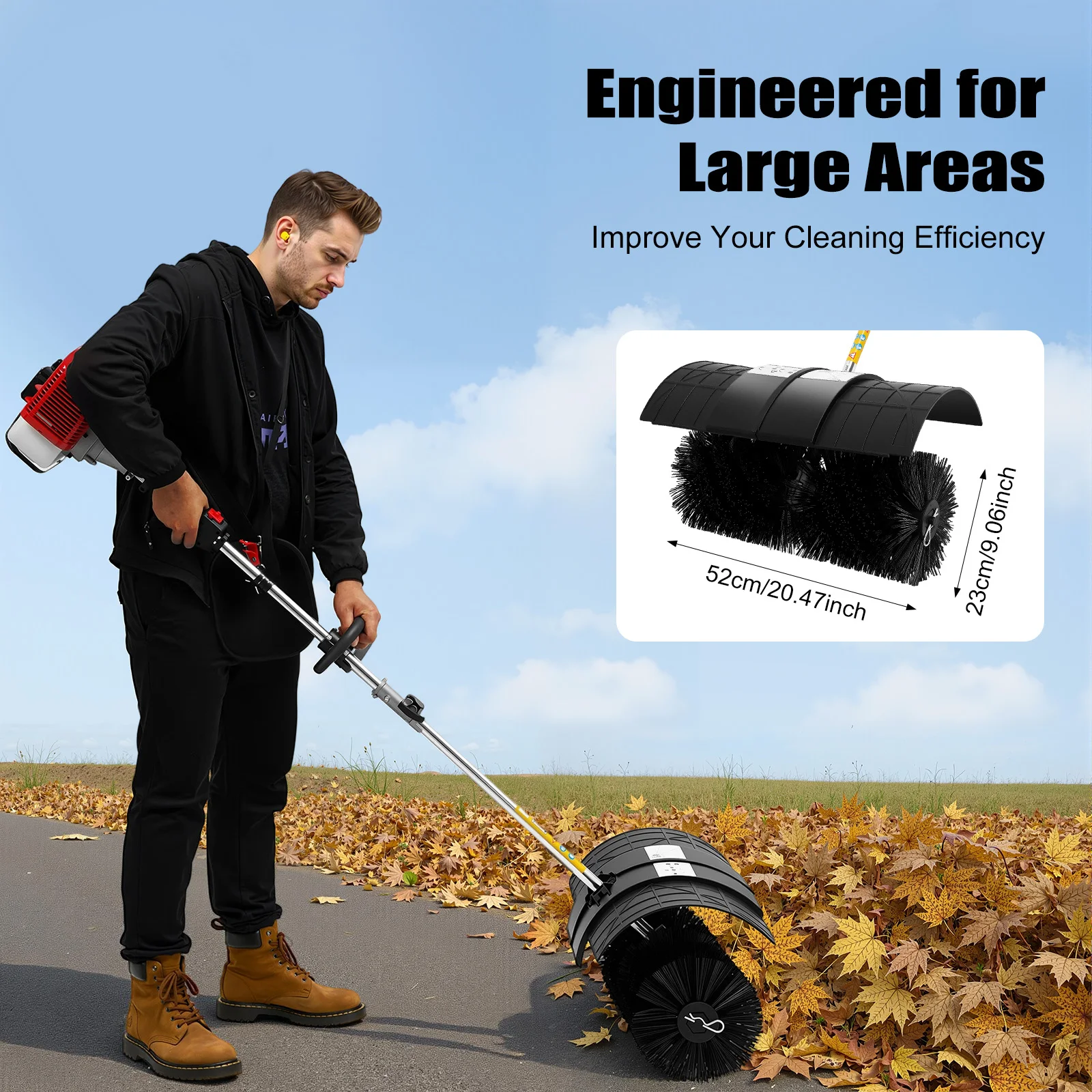 52cc 2.3HP Gas Powered Broom Sweeper Machine 2-Stroke Walk-Behind Yard Cleaner with 20.5" Nylon Brush for Golf Course Driveway