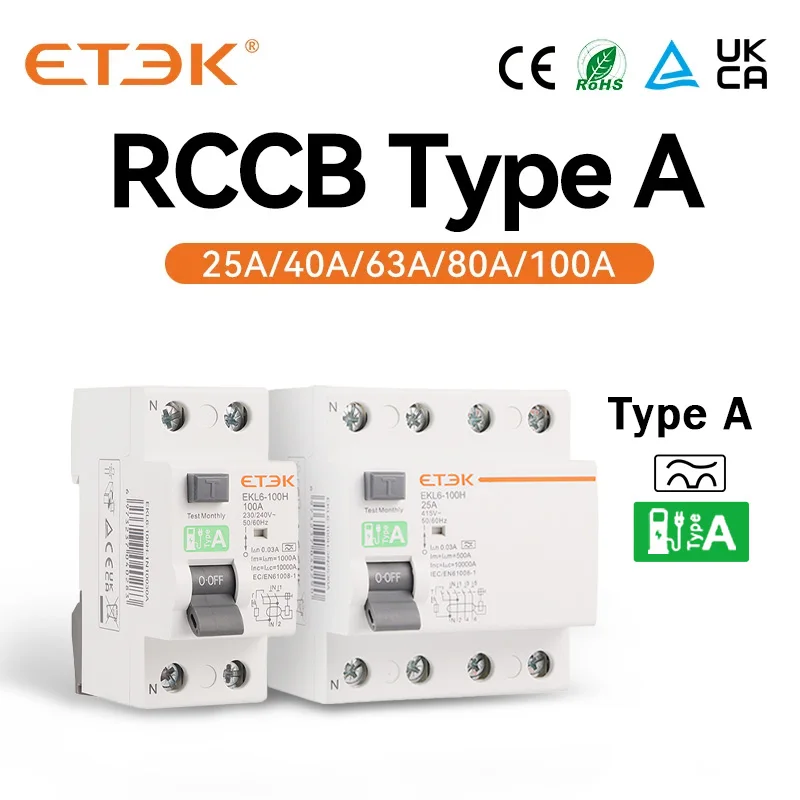 ETEK RCD 2P 4P Автоматический выключатель остаточного тока 30 мА электромеханический RCCB тип A 25 А 32 А 40 А 63 а 80 А 100 А