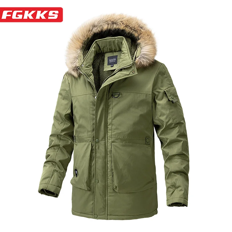 

FGKKS 2023 Outdoor Casual Parka Cotton Fashion Warm Hooded Coat High Quality Design Multi-Pocket Hot Street Wear Parka For Men