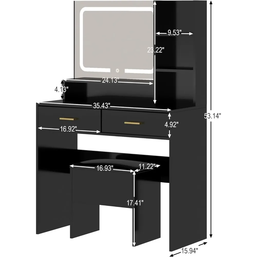 Makeup Vanity with Mirror & LED Lights，Makeup Vanity Table with 2 Drawers & 4 Storage，Small Set Storage Stool