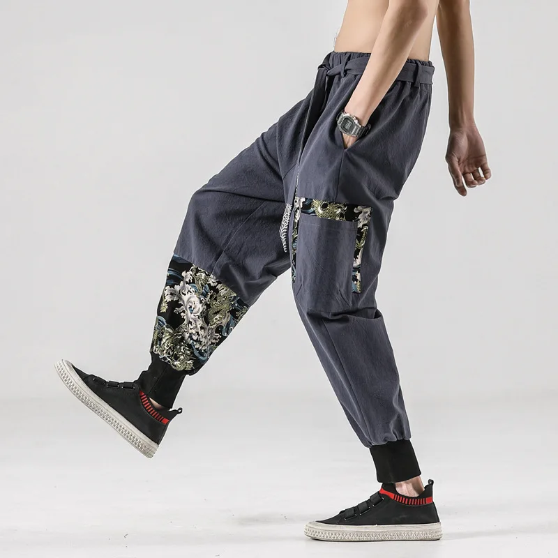 Japanese Kimono Men Cotton Linen Print Belt Retro Harem Pants Haori Baggy Trousers Harajuku Hip Hop Men's Loose Lantern Pants