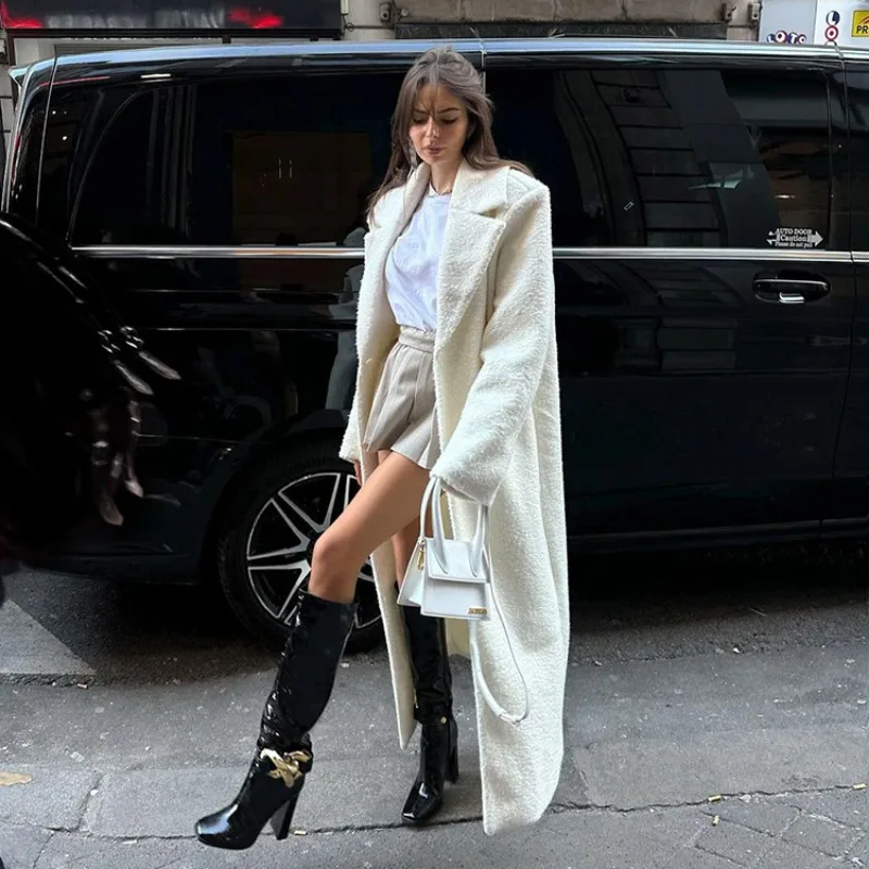

White Lapel Loose Overcoat for Women Fashion High Waist Long Sleeve Sweater Coat Slim Winter Patchwork Elegant Overcoat