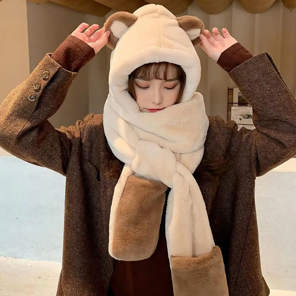 Korean Style Plush Hat Kawaii Bear Ear Fur Hat Scarf Gloves