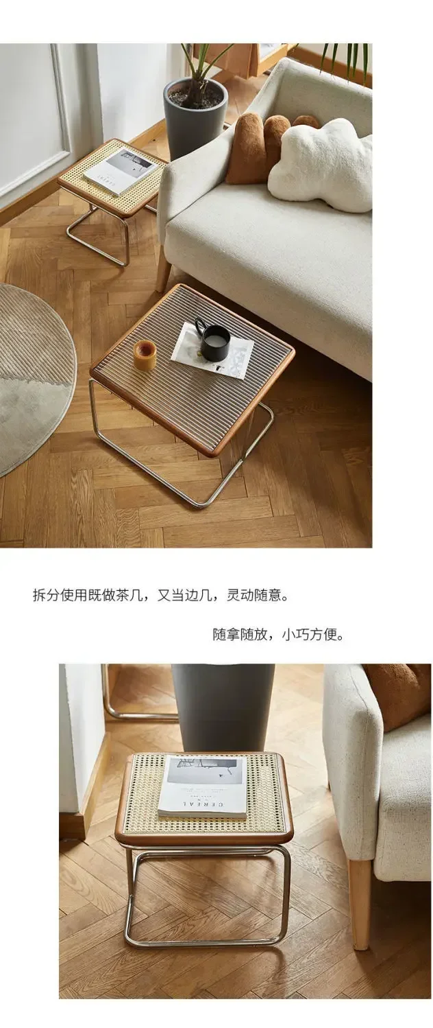 Nordic Medieval Style Stainless Steel Solid Wood Glass Rattan Combination Coffee Table Size Combination Modern Minimalist Style