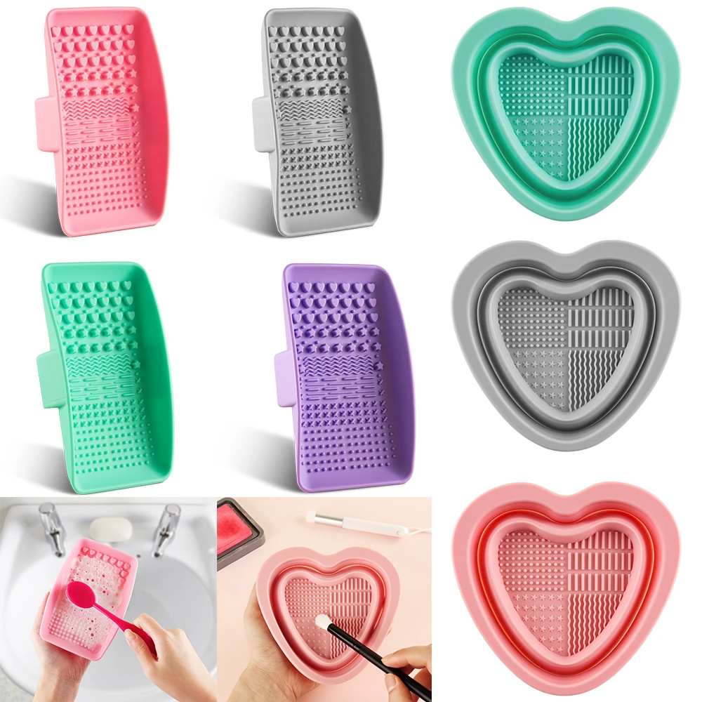 

2-in-1 Collaspible Silicone Heart Bowl/Handheld Brush Scrubber Easy to Clean All of Your Brushes Cleaning Palette Tool 2022