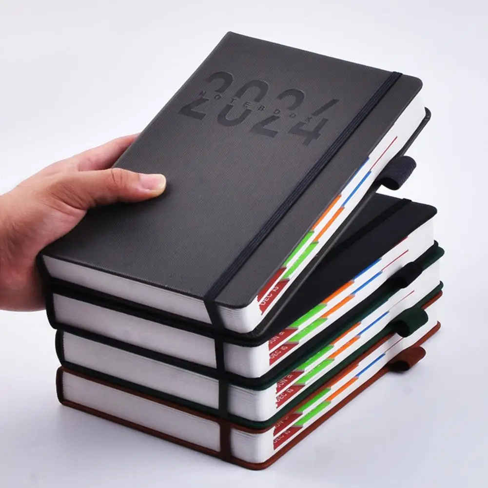 

2024 Planner Faux Leather Hardcover Pen Holder Bookmark Colorful Monthly Index Journal Dairy Notebook Student Supplies блокнот