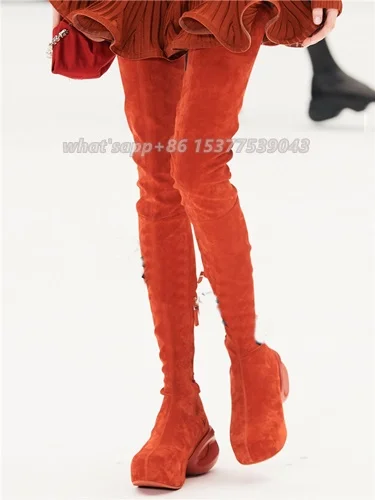 

Unique Clog Heel Smooth Leather Internal Platform Over-The-Knee Boots Square Toe Zip Multicolored Designer Runway Party Shoes