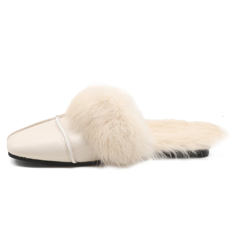 

Designer Winter Home Women Slippers High Quality Cowhide Rabbit Fur Light Luxury Fashion Casual Home Slides Female Shoes