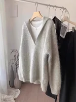 Advanced Gray Alpaca Wool Sweater Women'S Autumn And Winter Big Collar V-Neck Fluffy Loose Casual Top 2