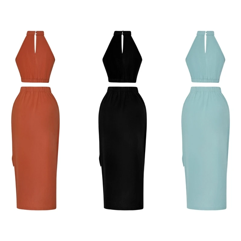 

Women Sleeveless Halter Crop Top and Tie Waist Long Skirt 2Pcs Summer Outfits N7YD