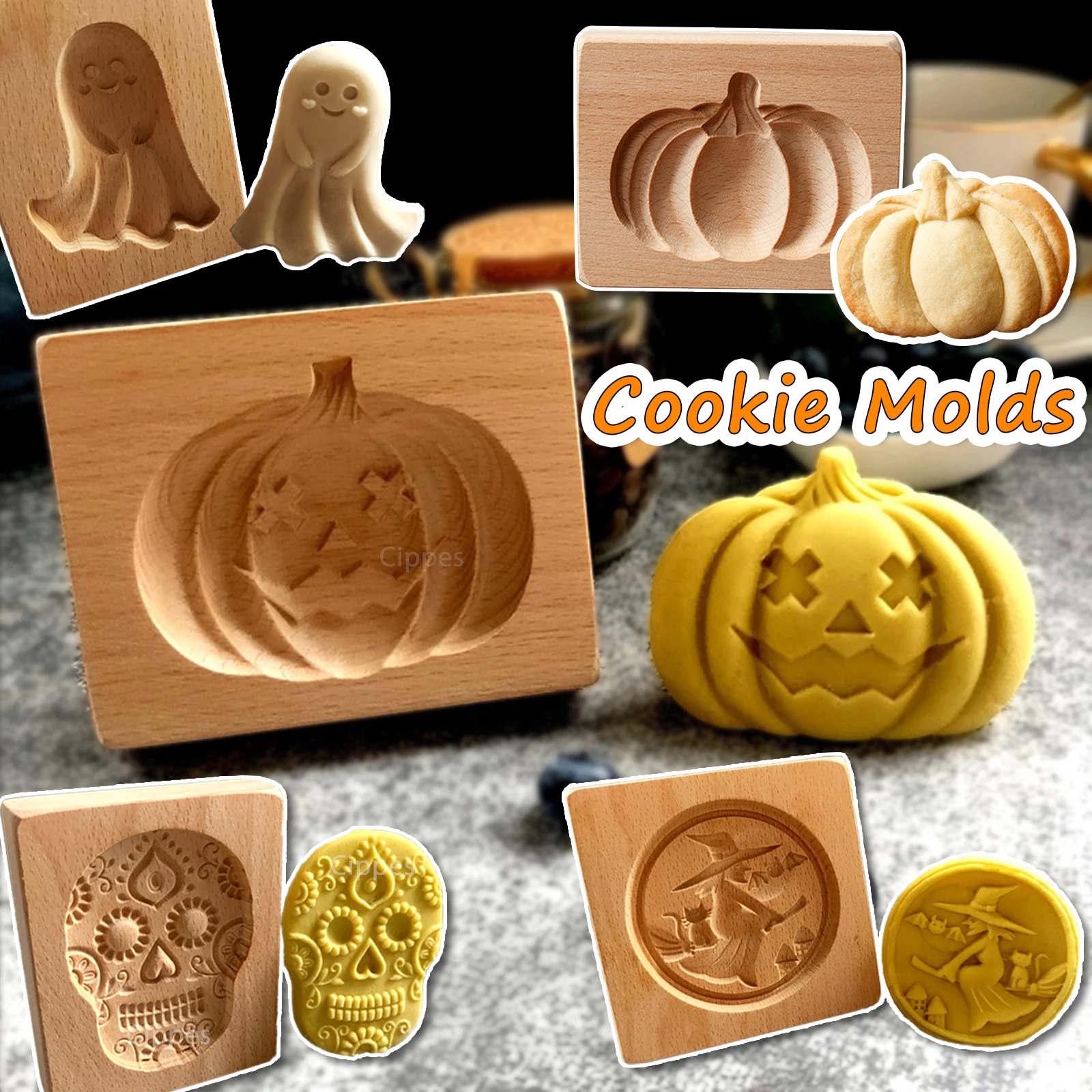 Wooden Cookie Molds for Halloween 3D Carved Embossed Gingerbread Mould Baking Pumpkin Skull Ghost Witch Jack O'Lantern