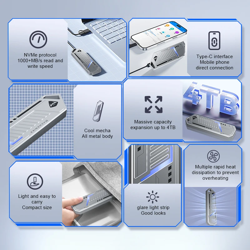 Machenike STARS P1000 Portable SSD NVMe M.2 SSD USB 3.2 Gen2 USB C External Storage PCIE Solid State for Mobile Phones PC Laptop
