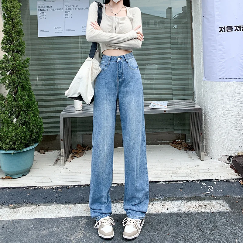 2023 Spring Women's Wide Leg Jeans High Waist Baggy Straight Cotton Denim  Pants Light Blue Korean Street Girl Fashion Clothing - AliExpress