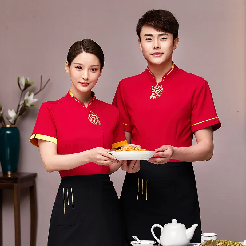 

Hotel Waiter Workwear Summer Women's Short-Sleeved Chinese Catering Farmhouse Tea House Hot Pot Restaurant Male Half