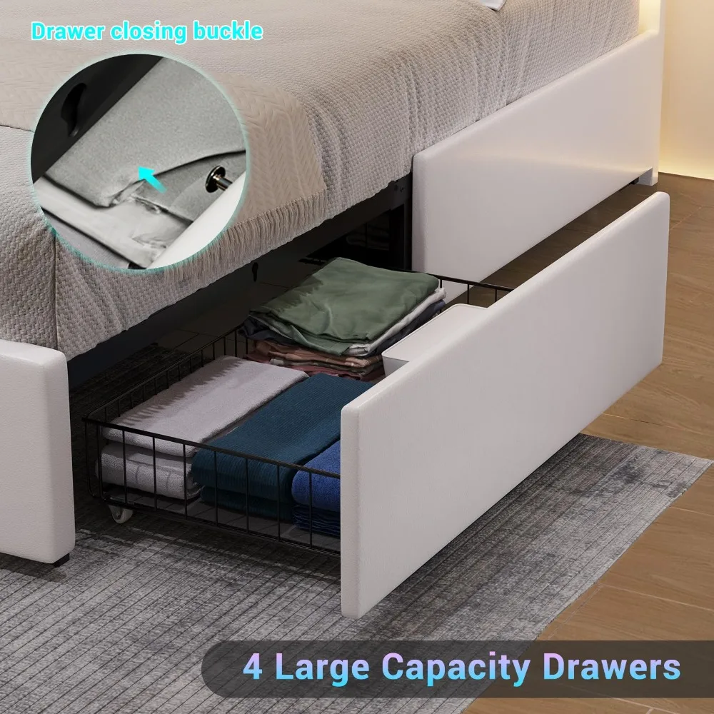 California King Bed Frame with 4 Storage Drawers Underneath, Upholstered Platform Bed with Artificial Leather Headboard 3