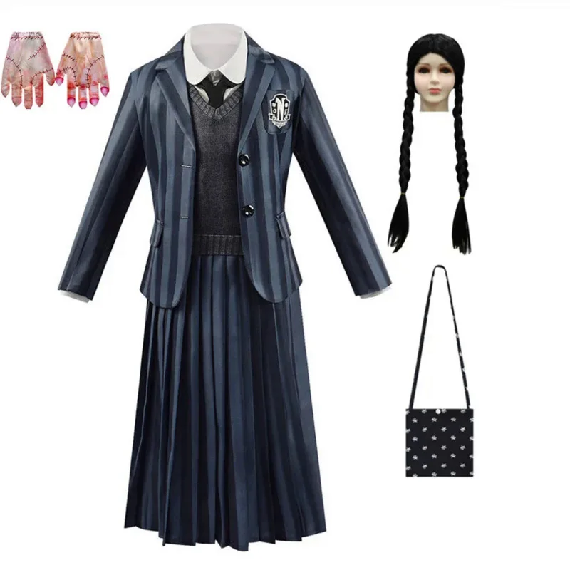 

2023 New CosDaddy Addams Family Cosplay Costume Wednesday Kids Wig Girls School Uniform Children Halloween Costume