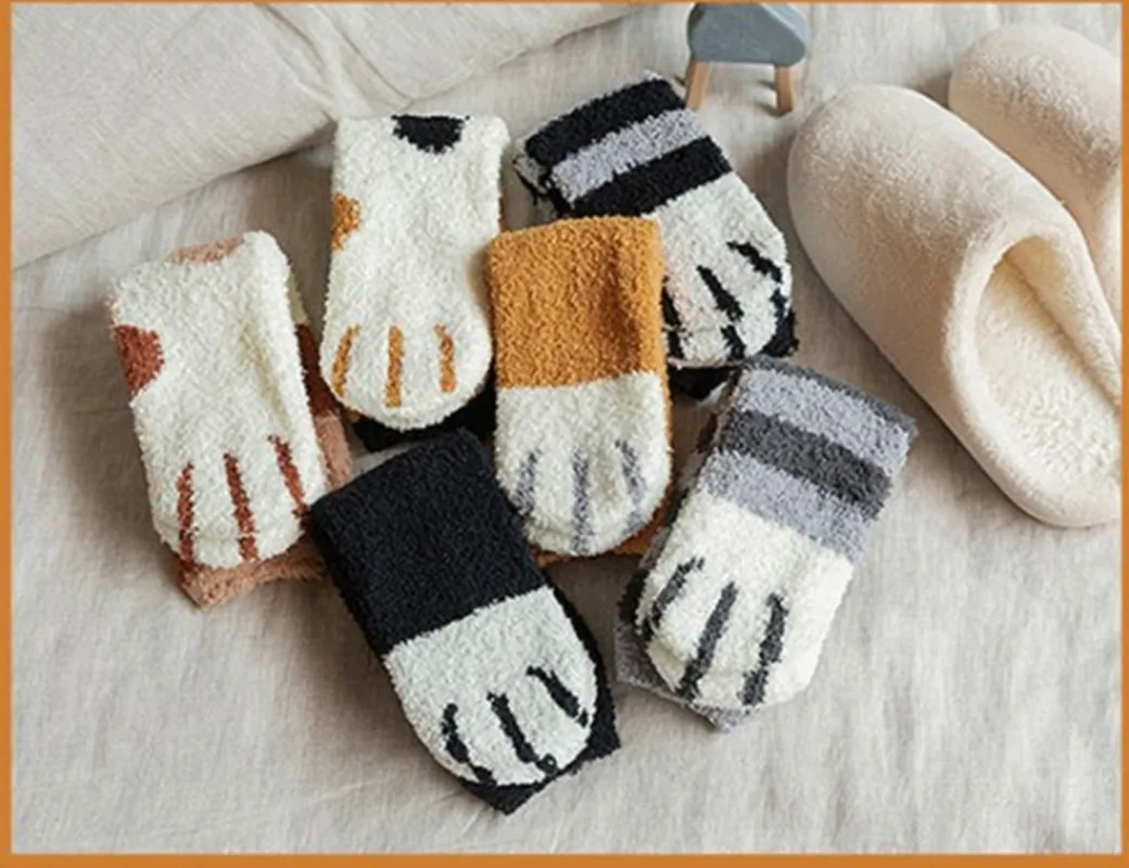 

New 1pair Cute Winter Unisex Warm Socks Girls Soft Fluffy Kitty Cat Paw Thick Fleece Sleep Floor Warm Socks Winter Warm Supplies