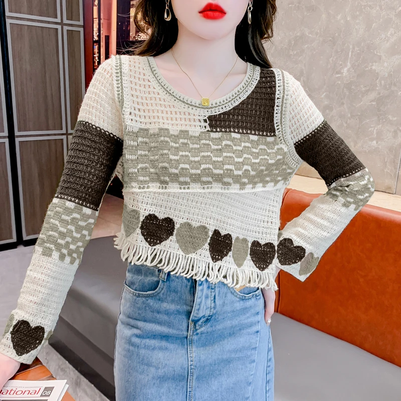

Women's Sweater Tassel Hollow Out Knit 2023 Early Autumn New Women's Irregular Short Top Ladies Female Clothing Jumper Sweater