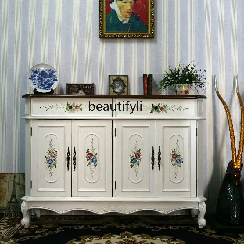 

zqAmerican Shoe Cabinet Home Doorway Large Capacity Retro Painted Locker European Solid Wood Entrance Cabinet