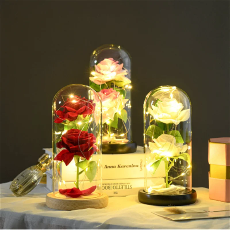 LED 영원한 장미 꽃 야간 조명 3D 테이블 램프, 웨딩 생일 발렌타인데이 선물 침대 옆 램프 침실 장식