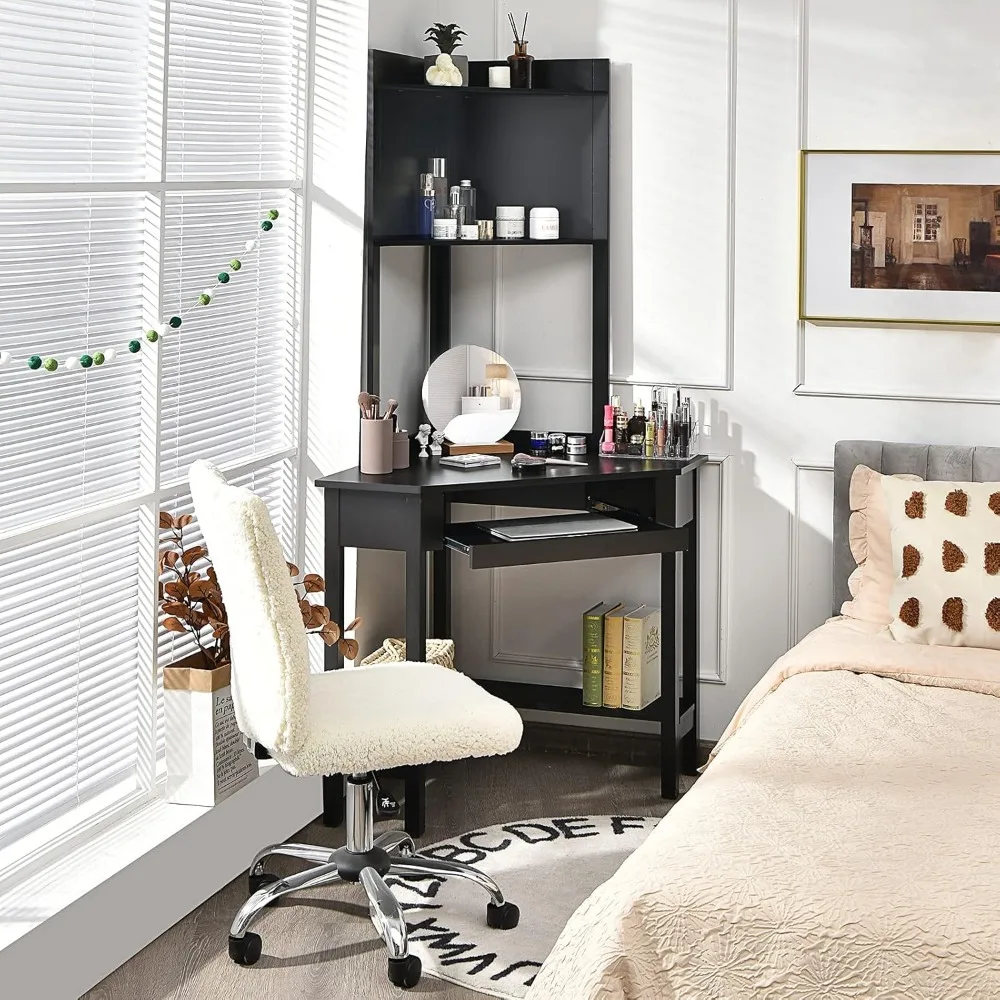 Corner Computer Desk with Hutch, Triangle Corner Desk w/Keyboard Tray and Bookshelves, Corner Writing Desk with Storage Shelves, 4