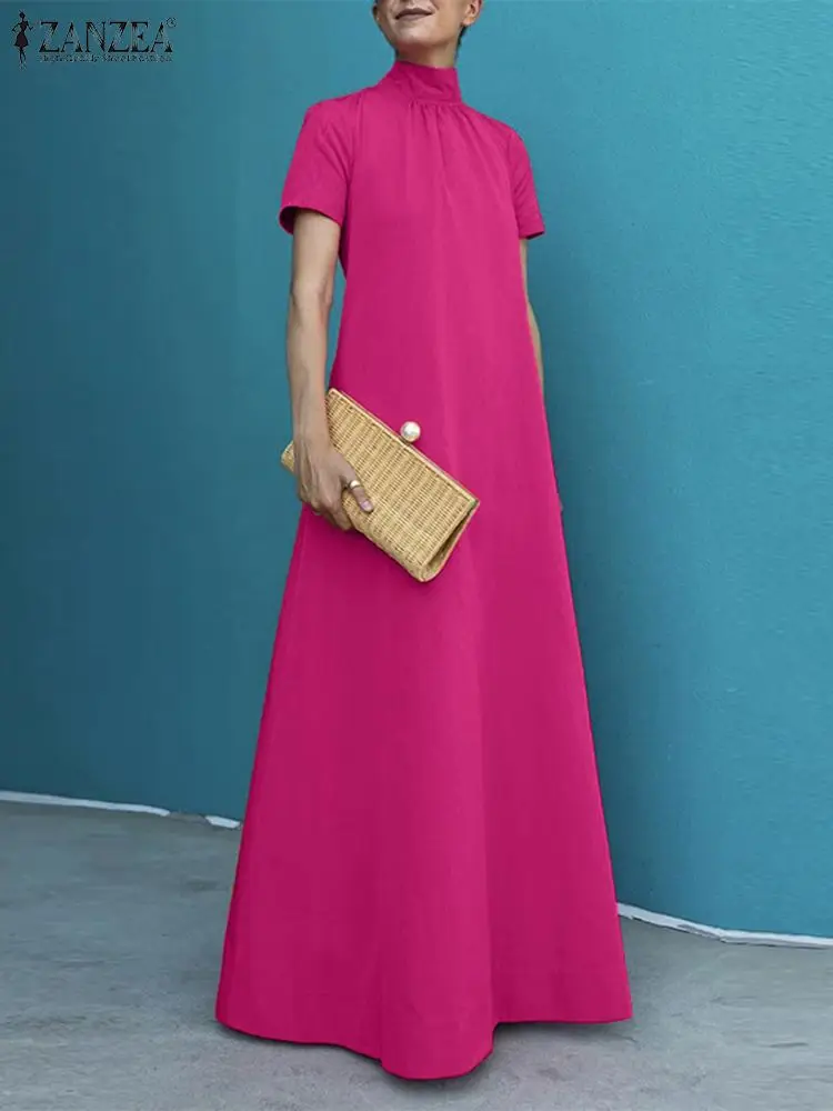 

Women Maxi Dress 2023 Summer Short Sleeve High Collar Kleid Robes ZANZEA Elegant Solid Vestidos Casual Loose Party Long Dresses