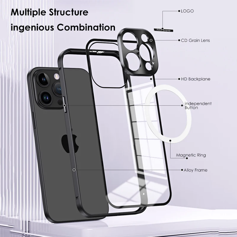 

Metal Frame Aluminium Transparent Back Cover Magnetic Phone Case For iPhone 13 12 14 Pro Max For Magsafe Wireless Charging Case