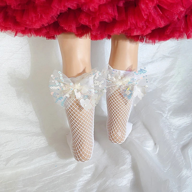 

Kids Girls Mesh Socks Sweet Sequined Bowknot Soft Elastic Lightweight Long Socks for Party