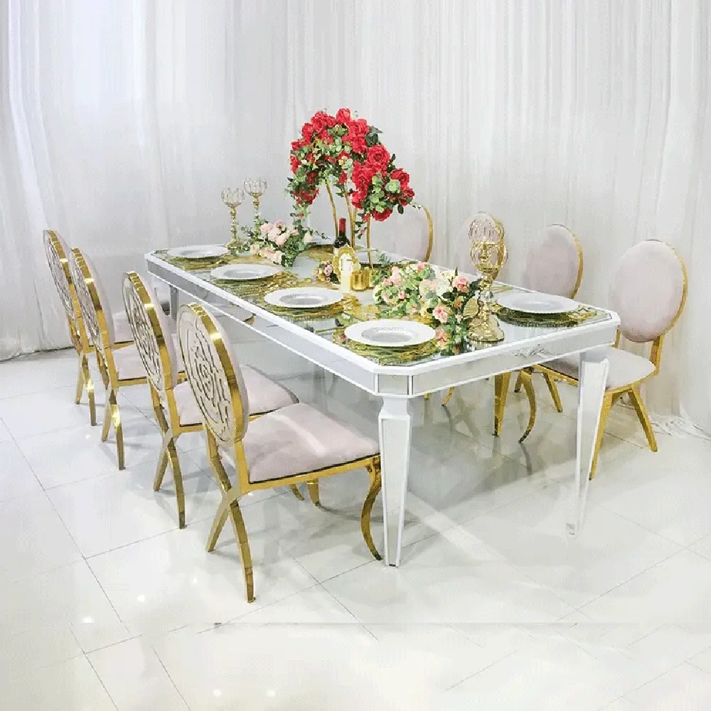 

Wedding supplies mirror top dining table sliver stainless steel event table for banquet restaurant