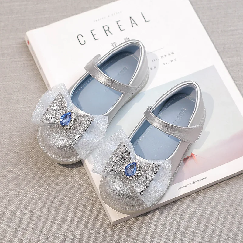 Girls Princess Shoes 2023 New Babybow Single Shoes Children's Crystal Leather Shoes Kid's Flats Size 25-35  Mary Janes