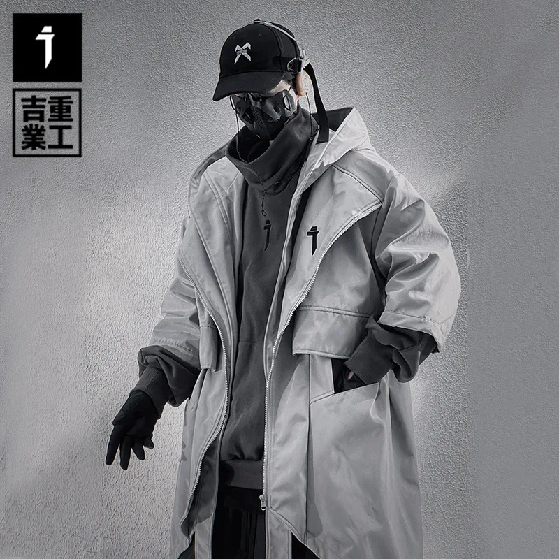Irregular Design Tactical Function Trench Coat Mens Clothing Y2K Techwear High Street Mid-length Techwear Outerwear