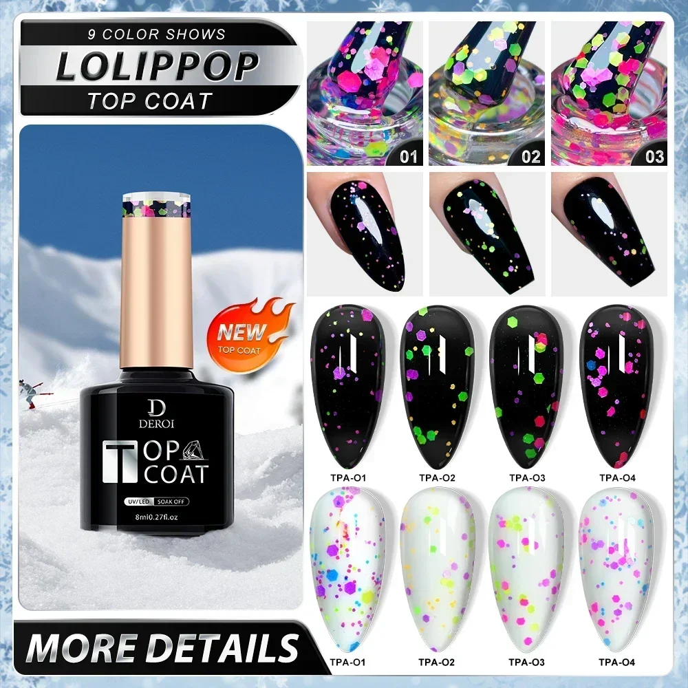 DEROI No Wipe Gel Top Coat with Yellow Sequin for Manicure Diamond Matte Topcoat Flash Glitter Nail Polish for Nail Art Soak Off 4