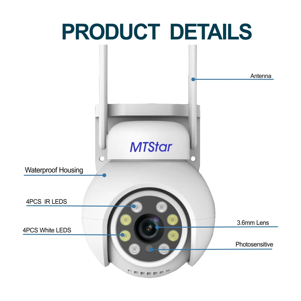 MTStar 8채널 WiFi PTZ 카메라 키트 동작 감지 컬러 야간 투시 풀 컬러 양방향 오디오 H.265 NVR P2P 클라우드 스토리지 TSEye
