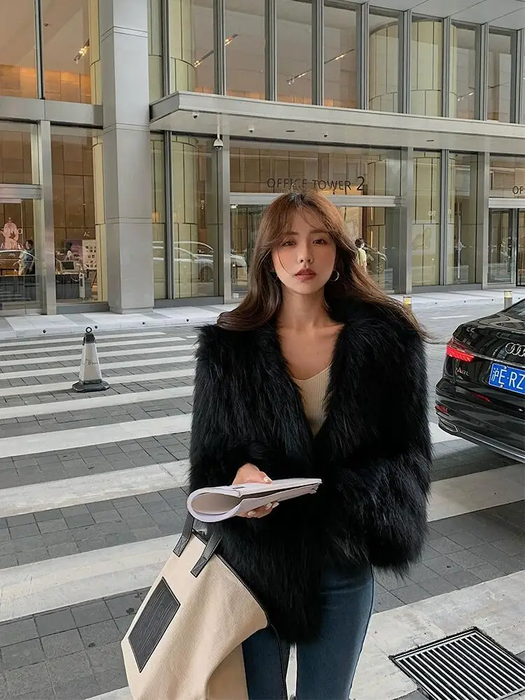 Fashion Double-Sided Woven Fur Women's Coat 2023 Autumn Winter Commute Style Real Fur V-neck Long Sleeve Slim Mid-Length Coat