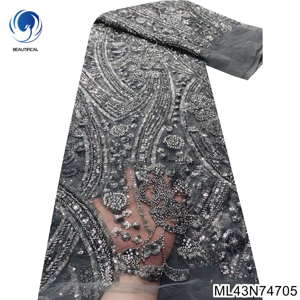 

Noble Elegance Grey African Sequins with French White Pearl and Silver Bead Decorate Lace Fabric for Big Occasion DressML43N747