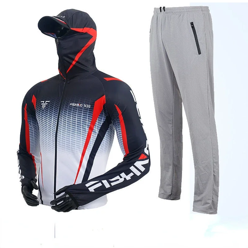 Men's Anti-UV Hooded Fishing Suit Ice Silk Quick-Drying Breathable Anti-Mosquito Outdoor Sports Lure Fishing Clothes Set