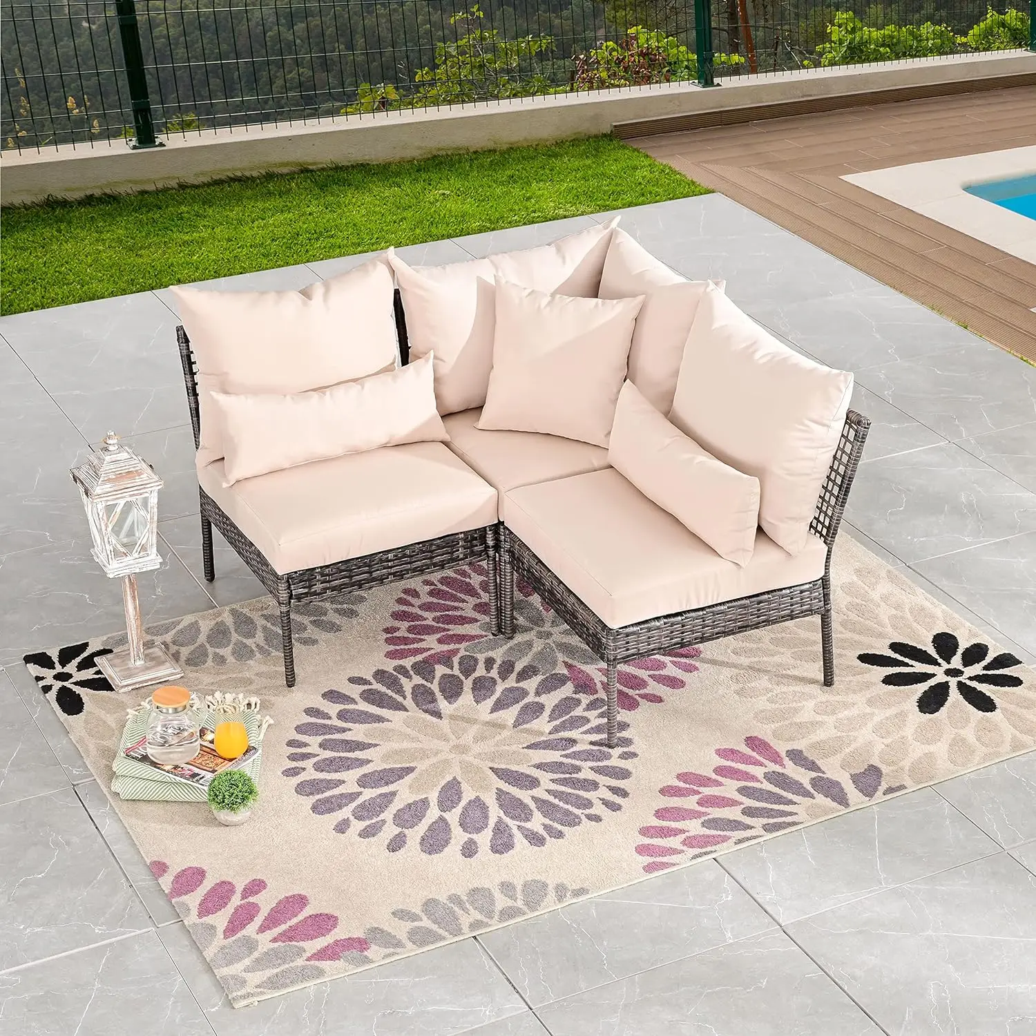 

LOKATSE HOME 3 Pieces Outdoor Wicker Sectional Corner Sofa Furniture Rattan Armless Chair Set with Cushion, Beige