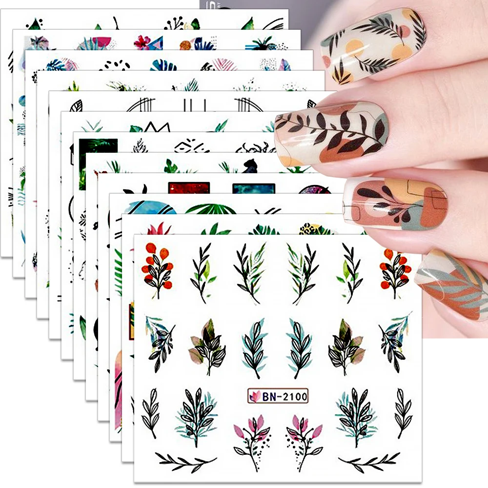 

12 шт., наклейки для ногтей с цветами