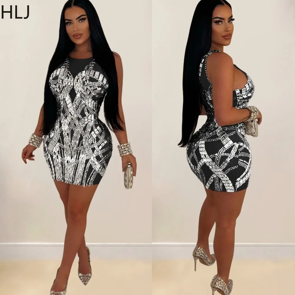 

HLJ Fashion Luxury Rhinestones Mesh Bodycon Party Club Mini Dresses Women Round Neck Sleevless Perspective Vestidos Sexy Clothes