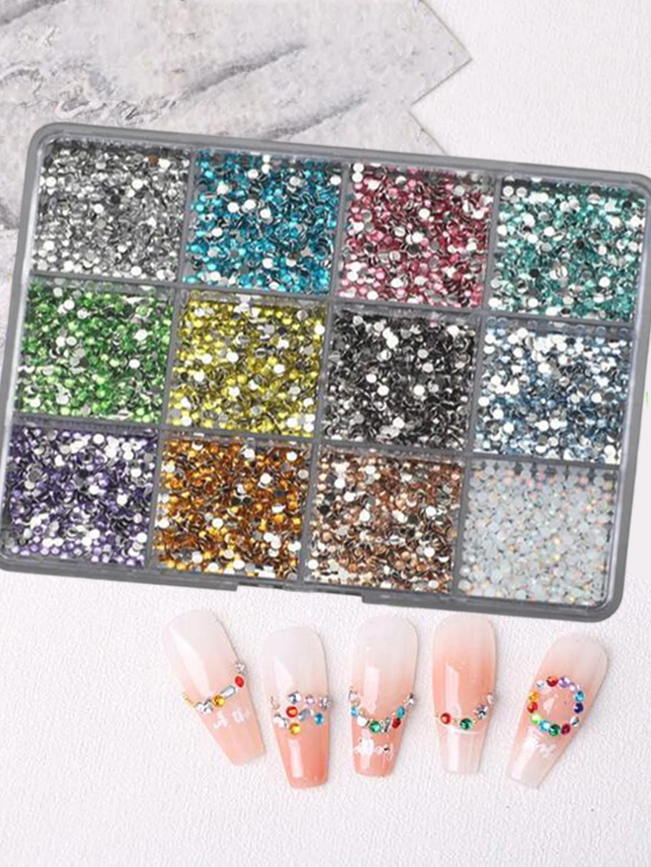 12칸 6000개 3D 레진 네일아트 라인스톤 도구 포함 2mm 브릴리언트 다이아몬드 네일 참 DIY 의류 휴대폰 케이스용