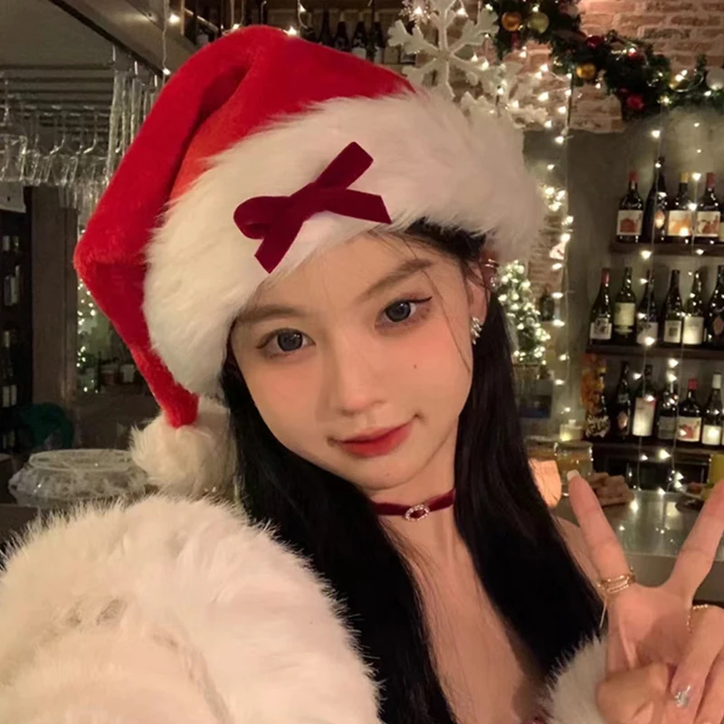 Girl Christmas Hat Decoration Bow Xmas Cap Women New Year Gift Winter Warm Plush Pullover Caps Christmas Decor