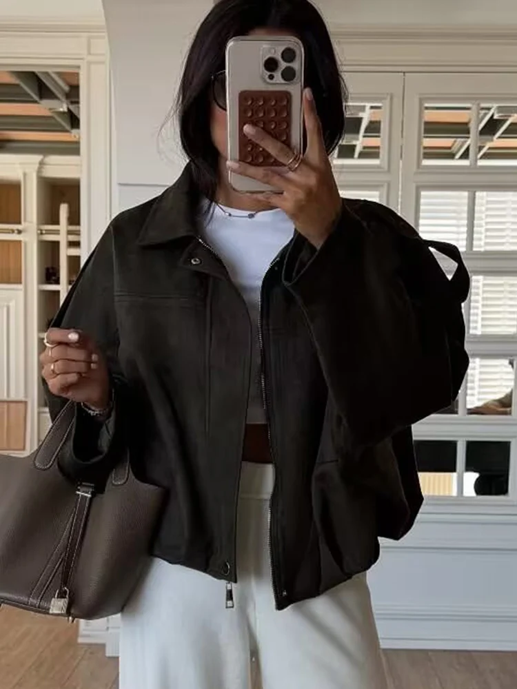 Women Imitation Deer Skin Jacket 2025 New Autumn Winter Fashion Long Sleeve Zipper Coat Chic Female High Street Outerwear