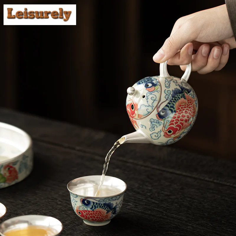 Gilt Silver Dragon Fish Tea Set Complete Set Traditional Tea Ceremony Set Tea Maker Teapot and Tea Cup Set Tableware Ornaments
