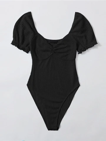 Puff Sleeve Ruched Bust Rib-knit Female Bodysuit Woman Clothes Bodycon Sexy Bodysuits Bodies For Women боди женское