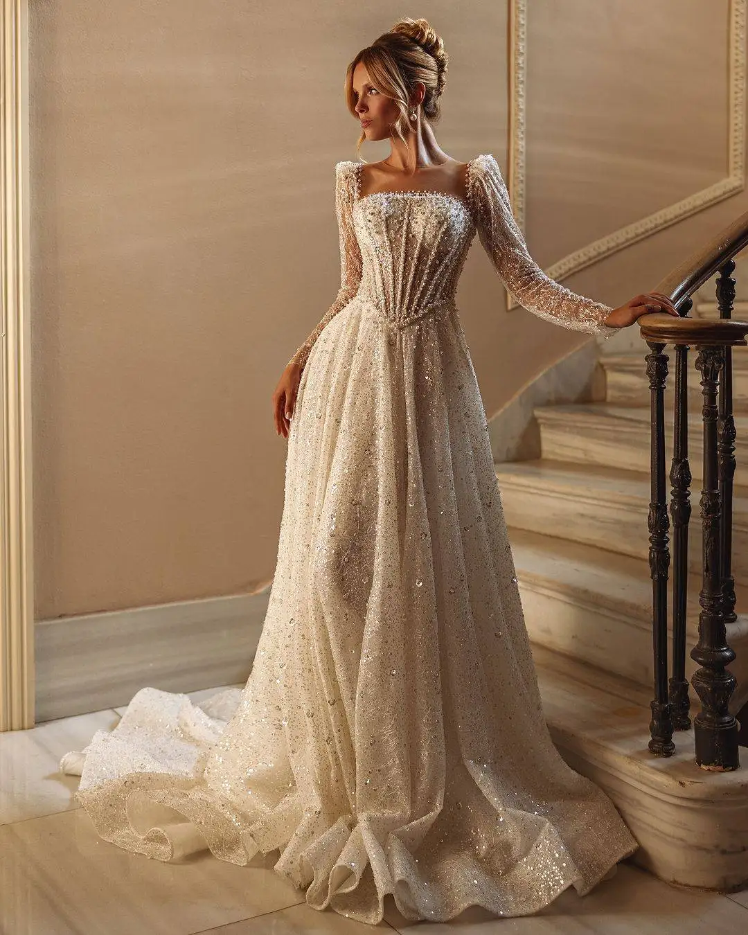 Shiny Pearl A Line Wedding Dresses With Lace Square Bridal Gown Sweep Train