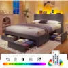 Queen Bed Frame with Storage Headboard & 4 Drawers, Upholstered Bed with LED Lights & Charging Station, Solid Wood Slats Support 3