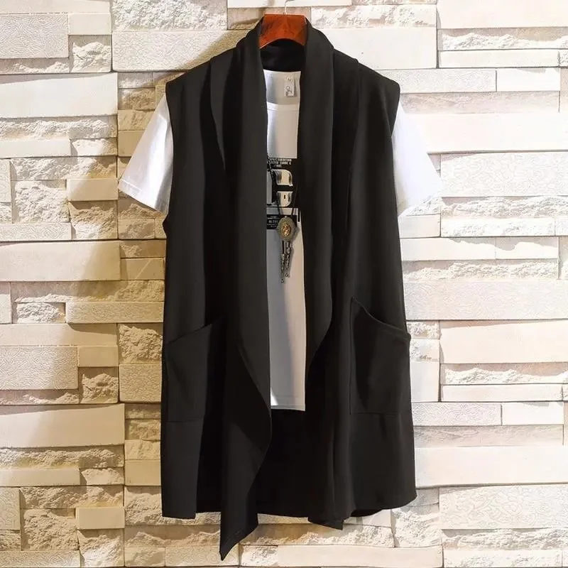 

Men Fashion Long Vest Sleeveless Jacket Cardigan Male Nightclub Singer Stage Costume Korean Casual Gilet Cloak Colete Masculino