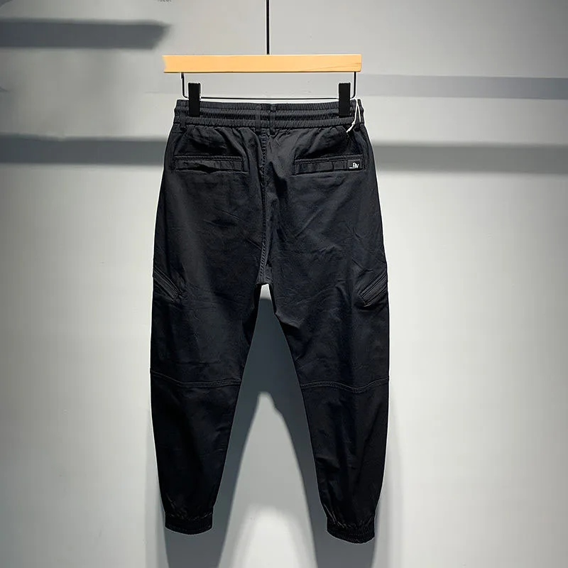New Spring and Autumn Korean Edition Fashion Light Luxury Splicing Drawstring Workwear Tie Feet Versatile Handsome Men's Pants