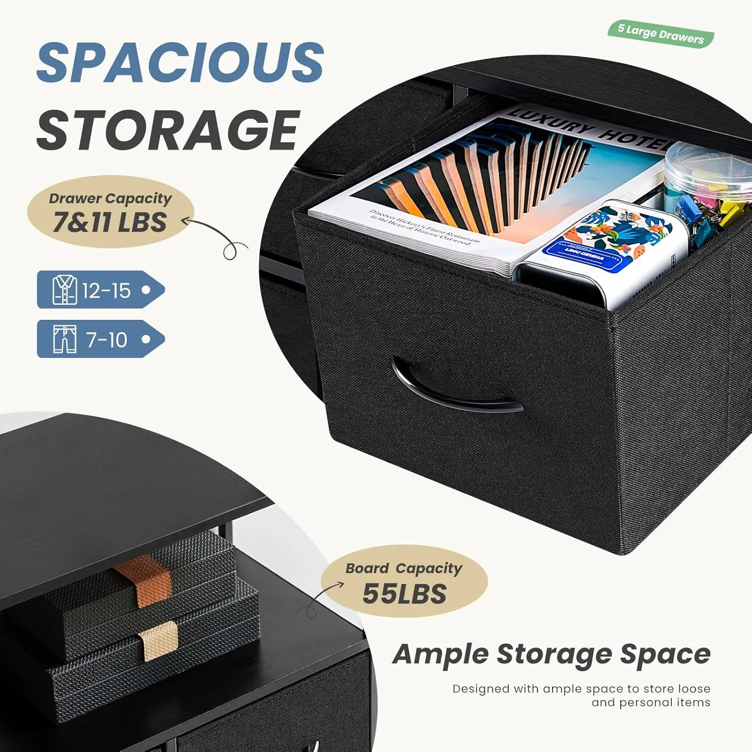 TV Stand & Dresser. For Bedroom. 40" TV Shelf. 5 Fabric Dressers. Storage. Entertainment Center.