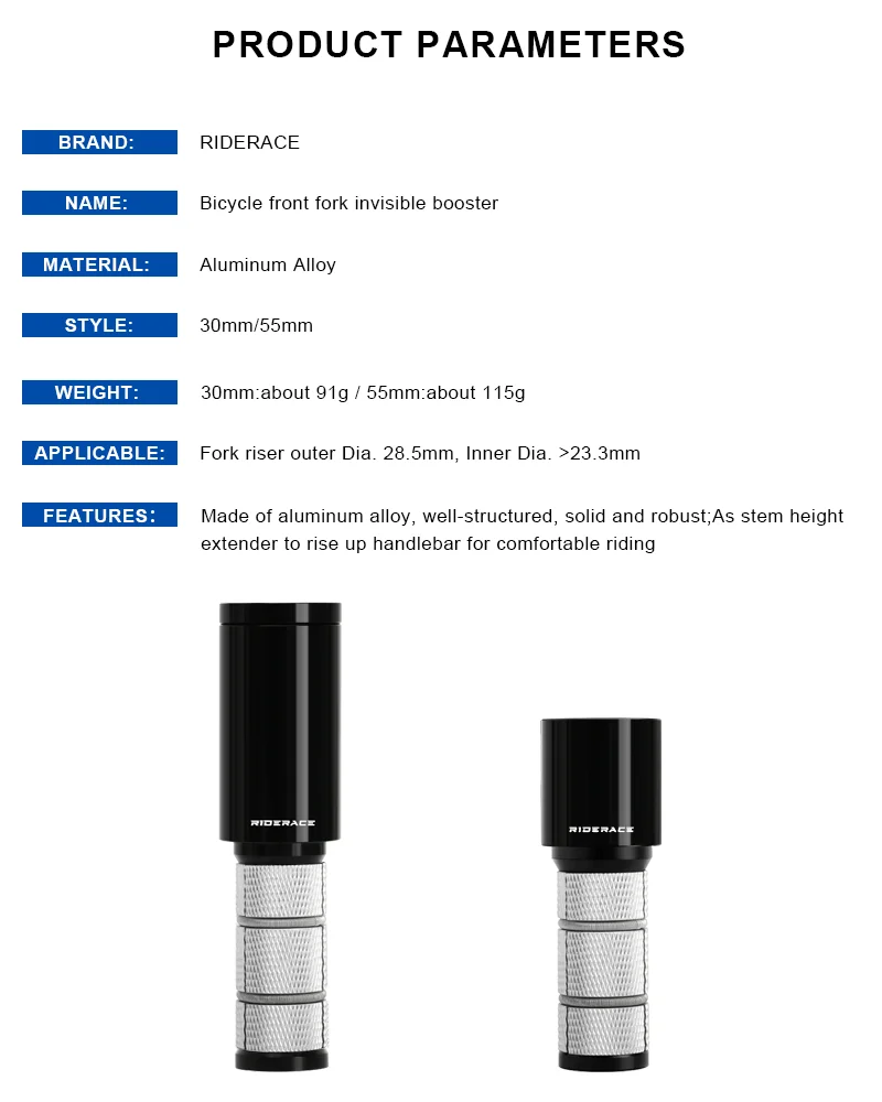 Bike Hidden Stem Riser Extender - 30mm & 55mm Height Options For Fork Stem Inner Diameter 23.3mm+